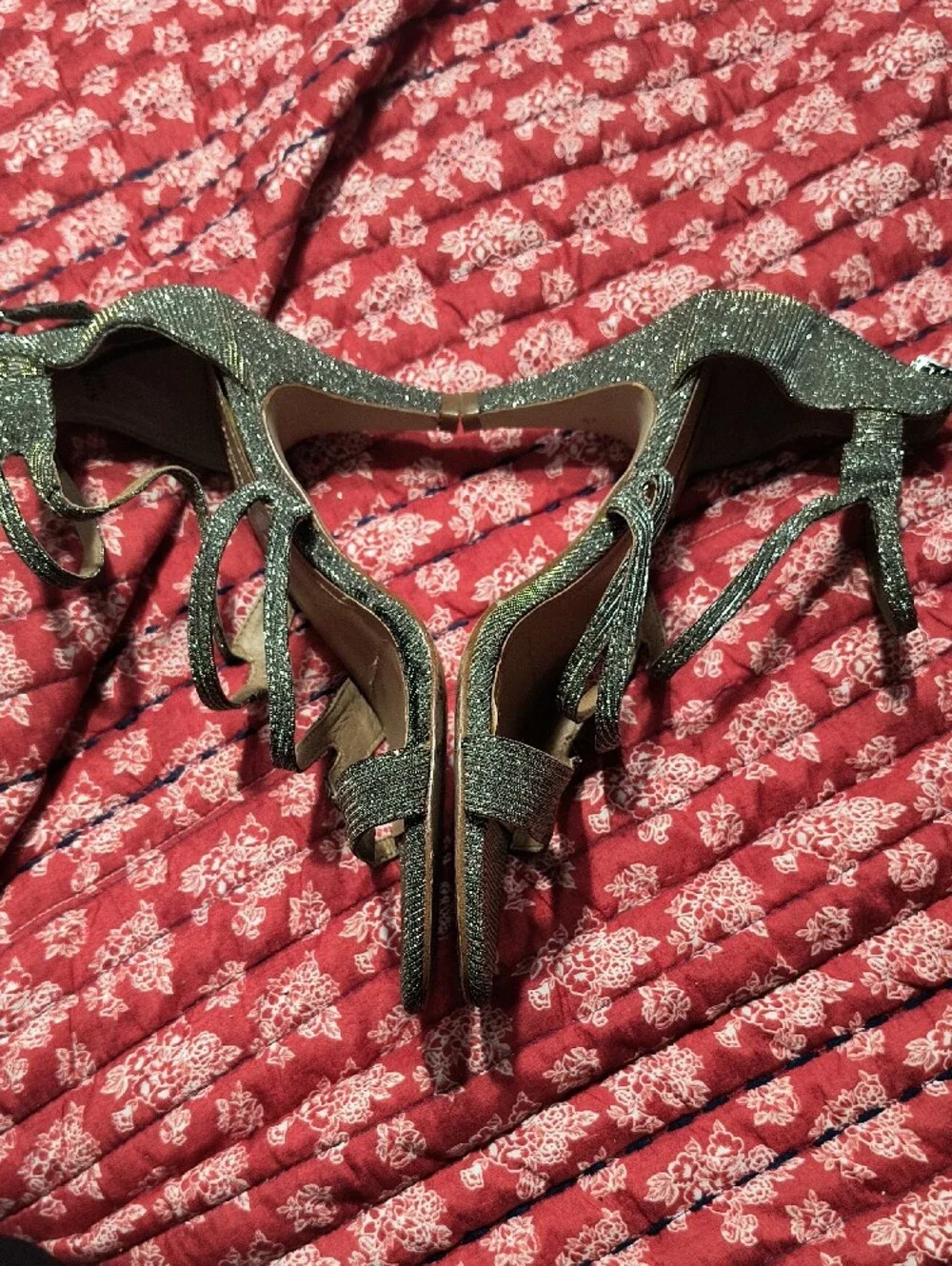 Tahari Strappy Glitter Ankle-Tie Heels in Metallic Gold/Silver